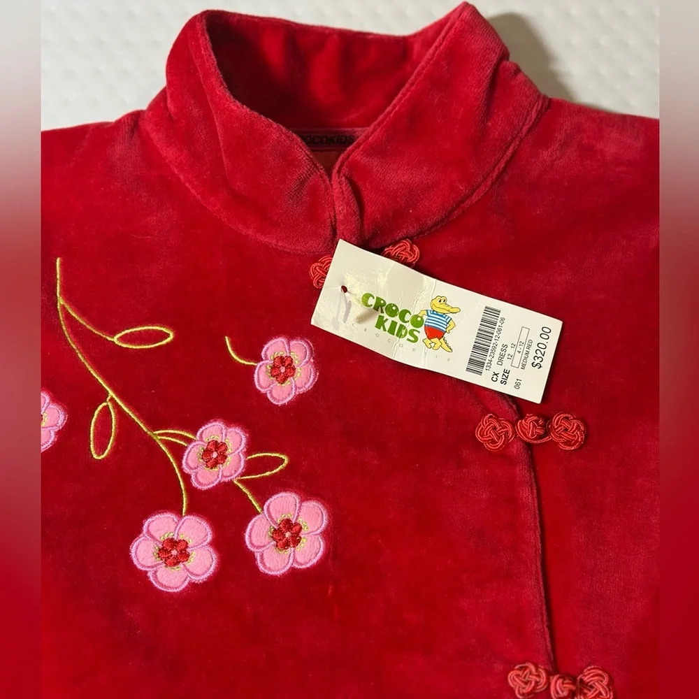 Croco kids red velvety dress mandarin collar‎ floral embroidery child 12 NWT